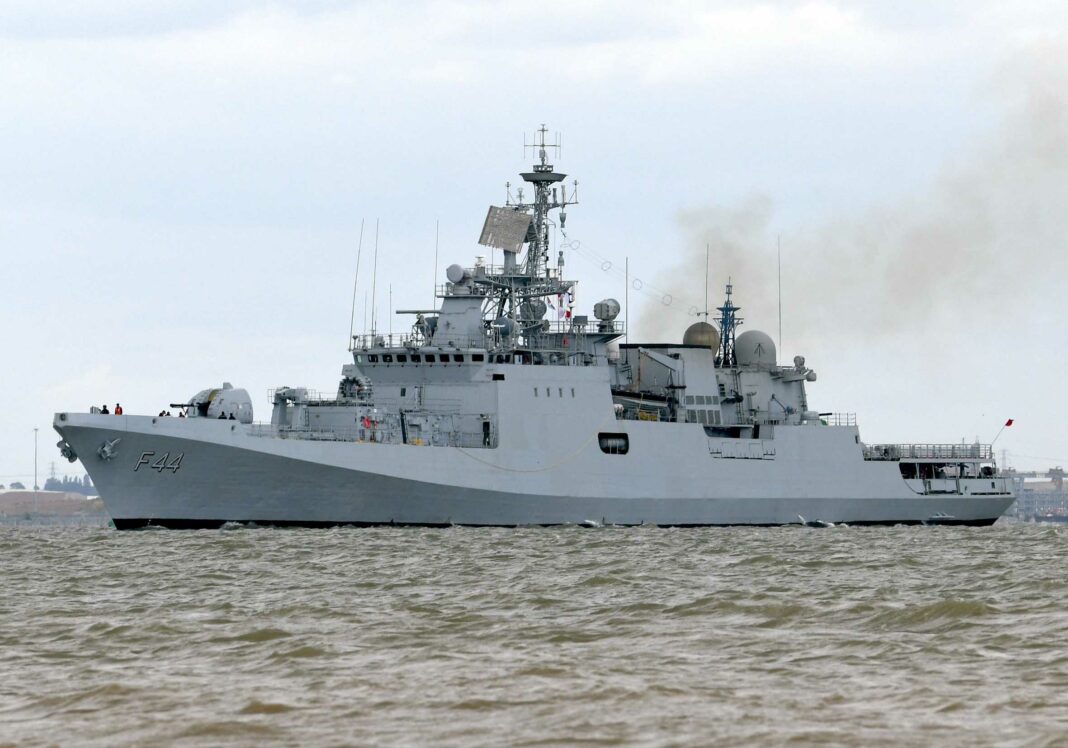 The Indian Navy’s INS Tabar cruising the River Thames today. The Talwar-class frigate will be berthed alongside HMS Belfast in the Upper Pool of London.