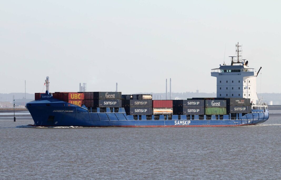 Samskip Courier sails up the River Thames, near Gravesend, on route from Rotterdam Quay to Tilbury