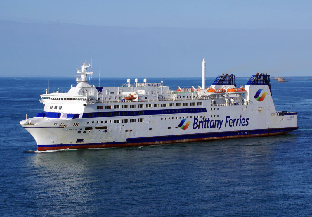 The 158 metre Brittany Ferries Ro-Pax ship Barfleur approaching St Peter Port harbour for berthing trials alongside number 2 berth, on the Eastside of the New Jetty.