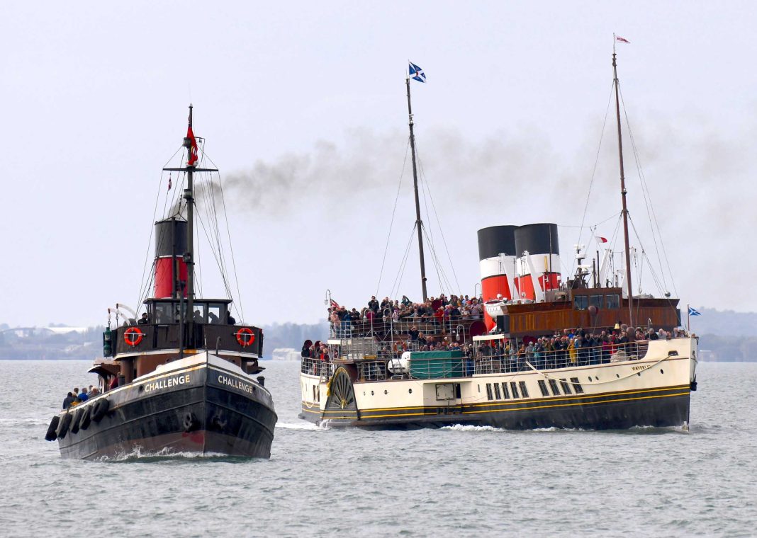 Two vintage steam powered vessels PS Waverley and ST Challenge rendezvous at the Maunsell Sea Forts off the City-of-Southend to participate in the annual Steam Parade. PS Waverley is the last ocean going Paddle steamer and entered into service in 1947. ST Challenge is the last surviving example of a Thames ship handling tug and participated in the Dunkirk Evacuations in WWII.