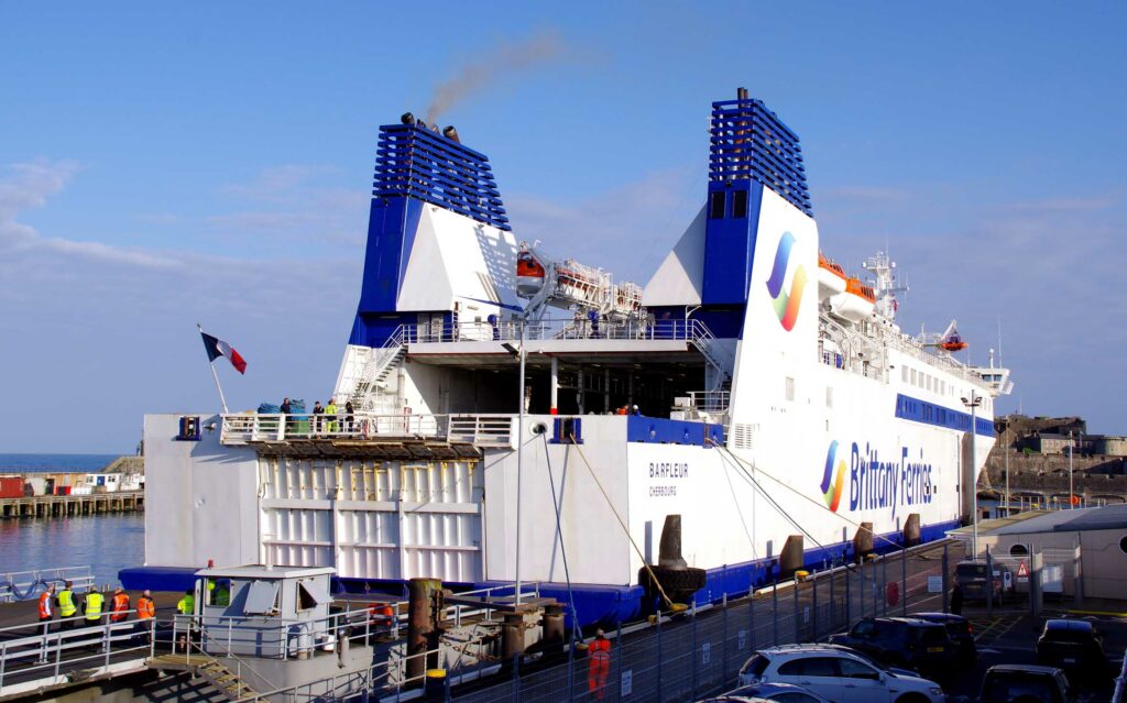 The 158 metre Brittany Ferries Ro-Pax ship Barfleur approaching St Peter Port harbour for berthing trials alongside number 2 berth, on the Eastside of the New Jetty.