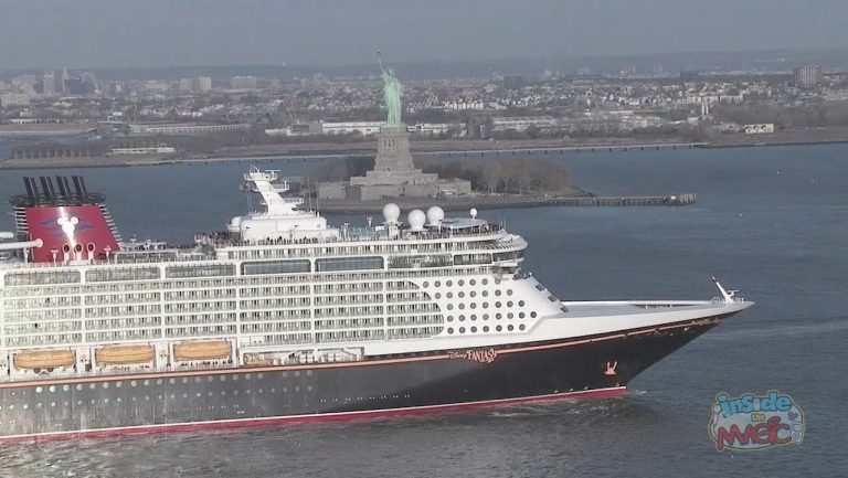 Disney Fantasy cruise ship horn sounds upon arrival in New York Harbor, February 28, 2012