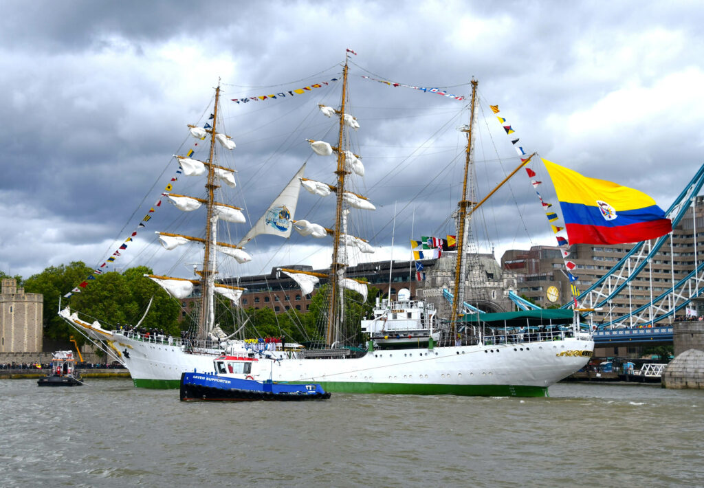 Colombia’s tall-ship ARC Gloria on the River Thames in London